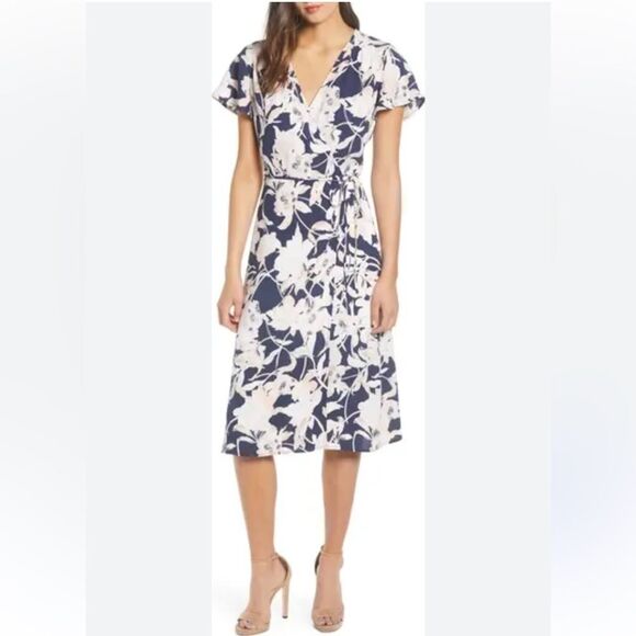 Leith Dress M Rehearsal Dinner Floral Midi Wrap Blue - Picture 2 of 12
